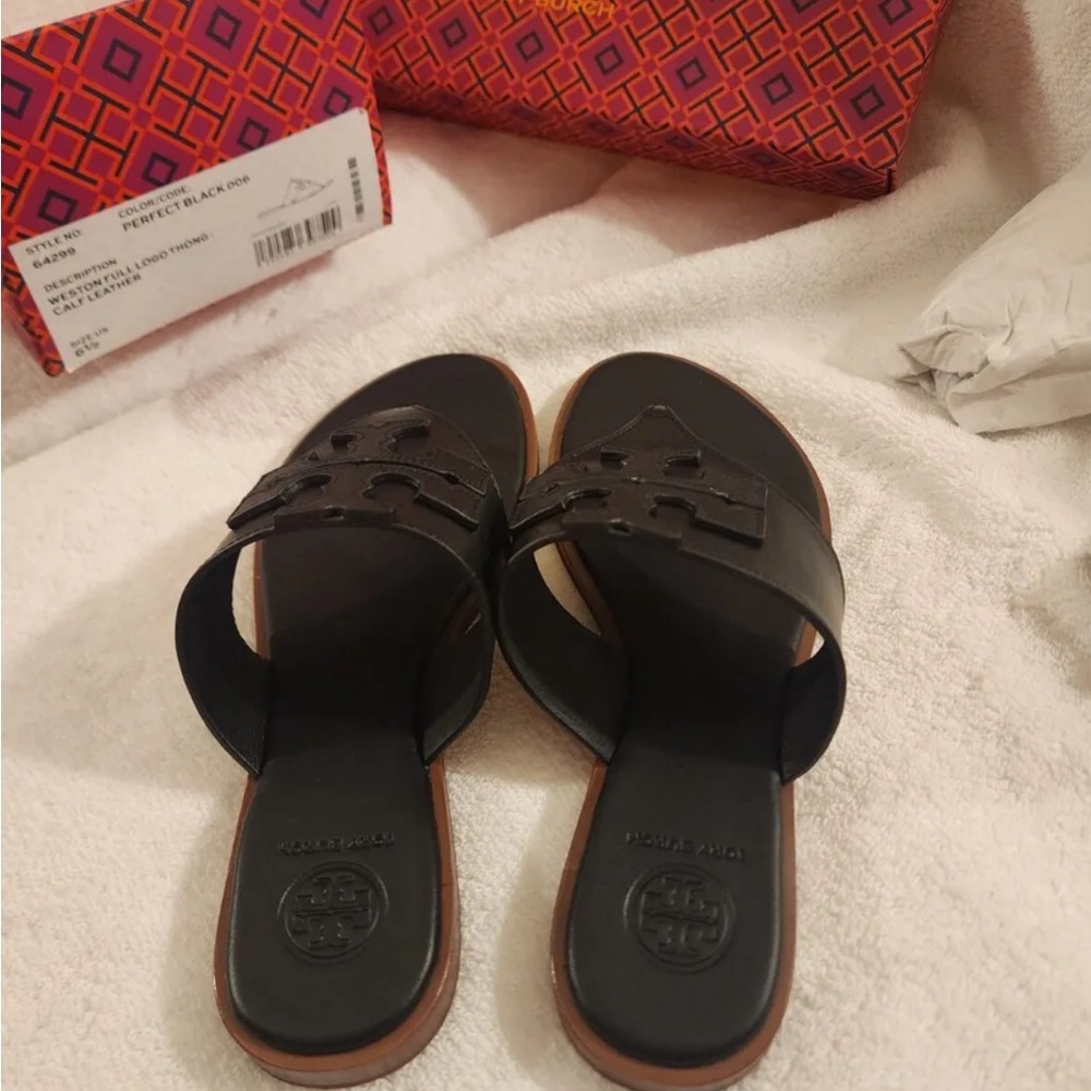 NIB Tory Burch Weston Full Logo Thong - Perfect Black - 6.5 - Picture 5 of 6